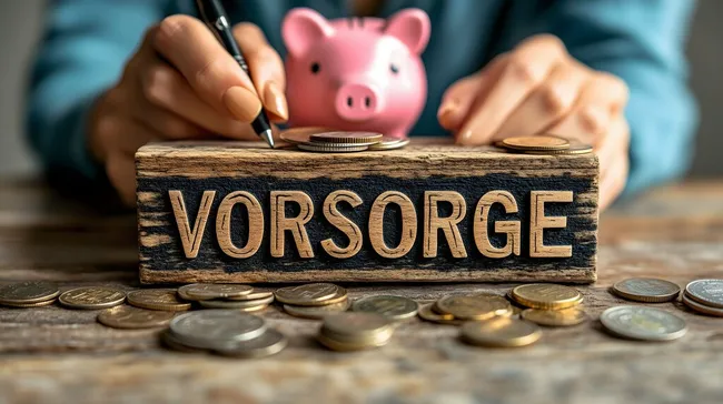 Sparschwein und Münzen mit Aufschrift 'Vorsorge'