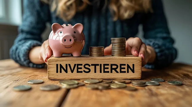 Sparschwein und Münzstapel auf Holztisch: Investieren