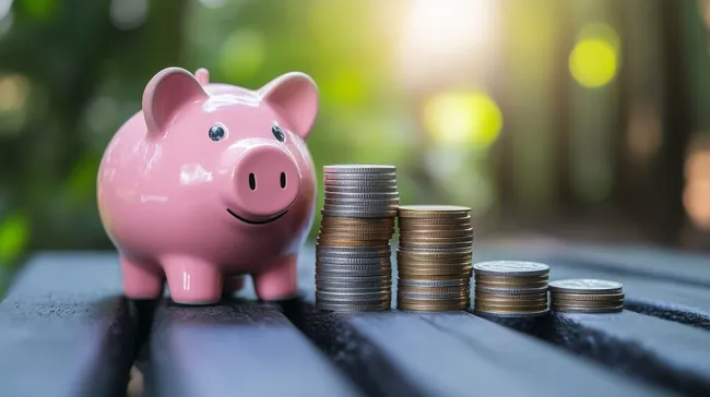 Sparschwein und Münzstapel im Freien