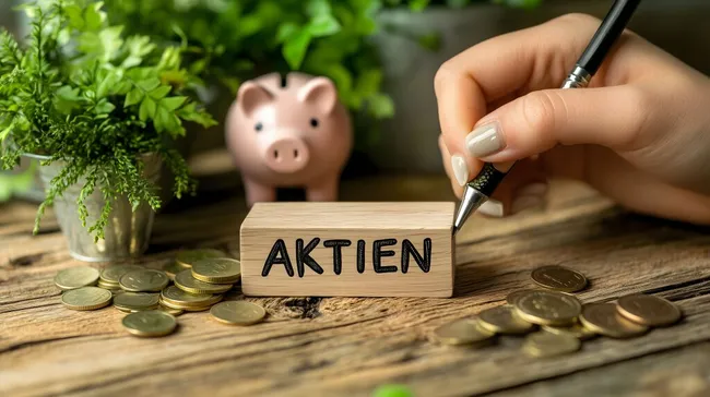 Sparschwein und Schaltfläche 'Aktien' auf Holztisch