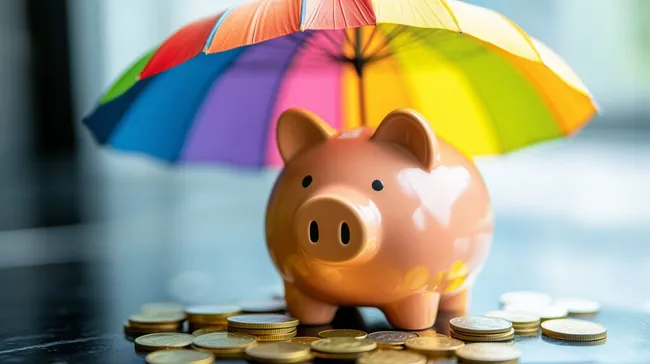 Sparschwein unter buntem Regenschirm mit Münzen