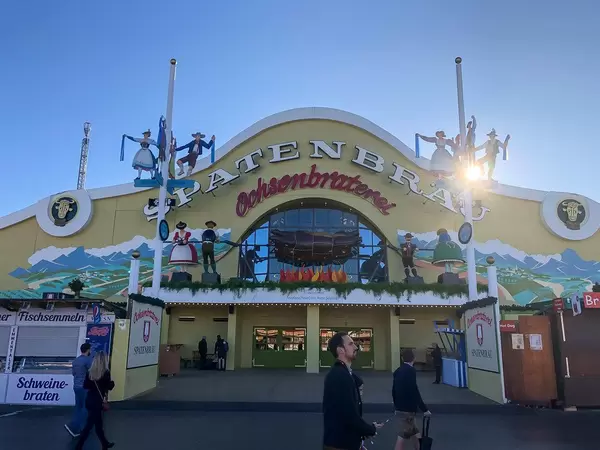 Spatenbräu Ochsenbraterei tent main entrance in the sunshine of the Oktoberfest