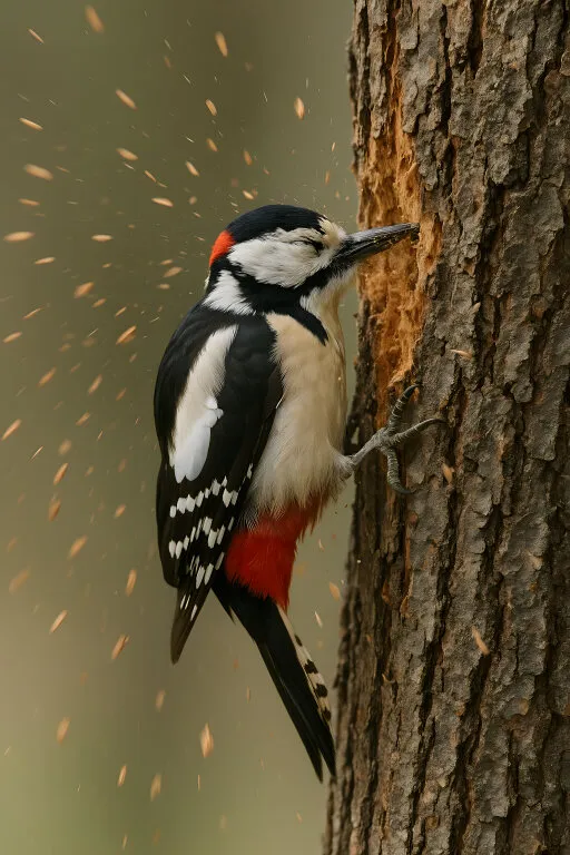 Specht hackt auf Baumrinde mit Federn in der Luft