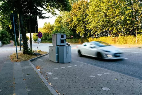 Speeding car next to the portable speed radar unit on the street