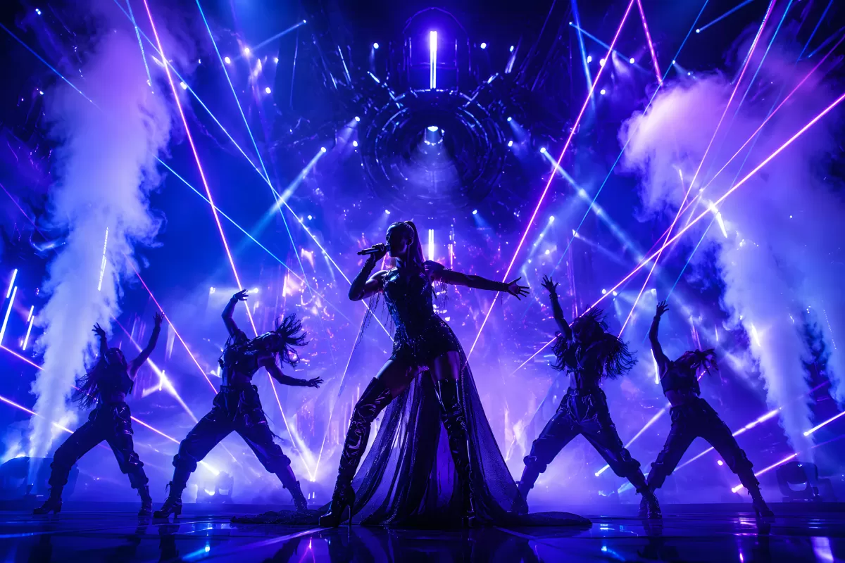 Spektakuläre Bühnenshow mit Laserlicht und Tänzern