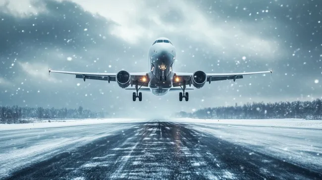 Spektakuläre Flugzeuglandung in Winterlandschaft