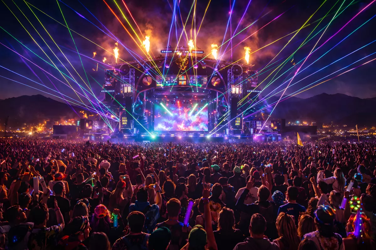 Spektakuläre Lasershow auf einem Musikfestival bei Nacht