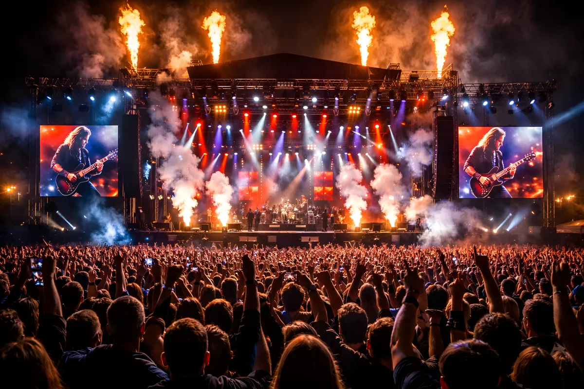 Spektakuläre Rockkonzert-Bühne mit Feuereffekten