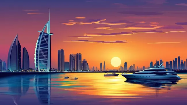 Spektakuläre Skyline von Dubai bei Sonnenuntergang
