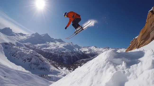 Spektakulärer Bergskiläufer in der Luft