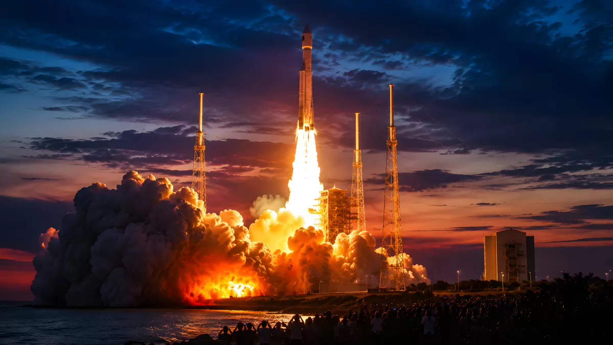 Spektakulärer Raketenstart bei dramatischem Abendhimmel