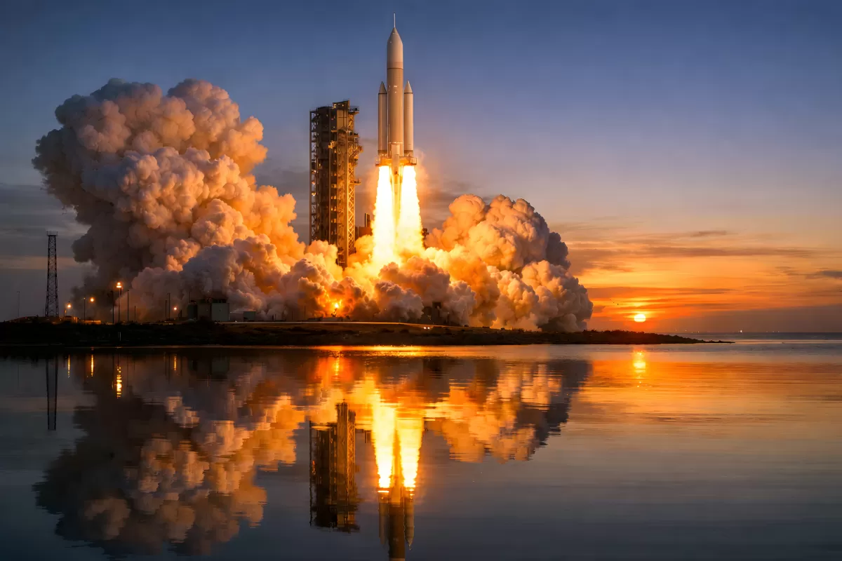 Spektakulärer Raketenstart bei Sonnenuntergang