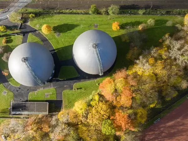 Spherical gas tank in Buchheim, Cologne - aerial photography