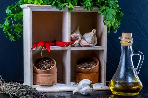 Spices, fresh herbs, chili, garlic and olive oil