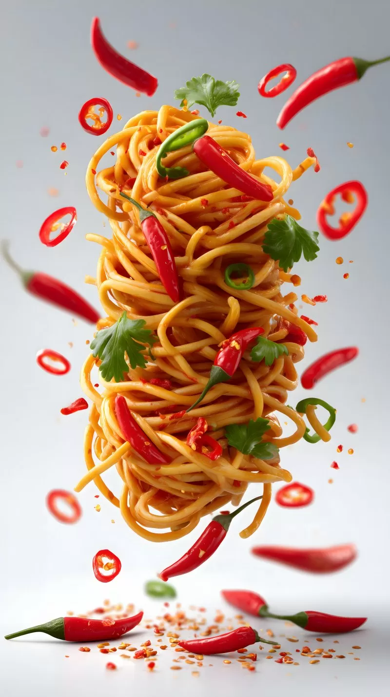 Spicy noodles floating chili pepper food explosion