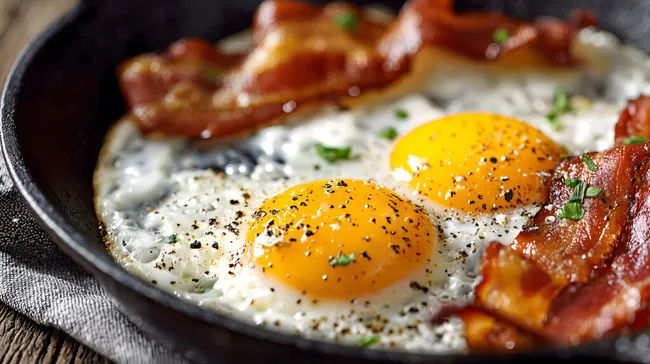 Spiegelei mit knusprigem Speck in heißer Pfanne