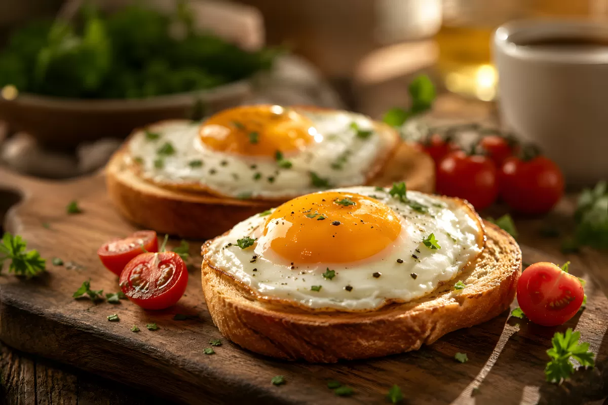 Spiegeleier auf geröstetem Toast mit Kirschtomaten