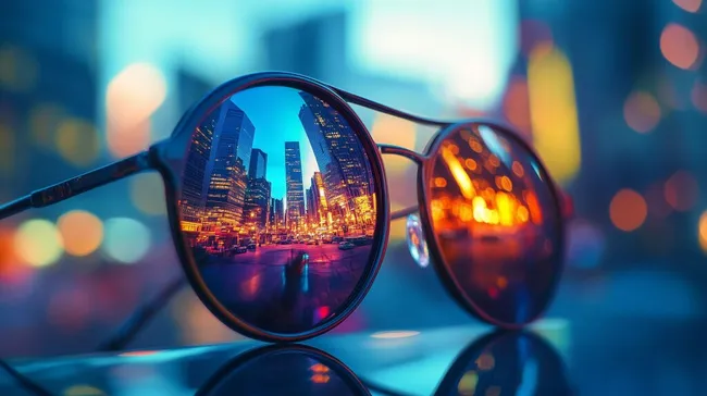 Spiegelreflexion einer Großstadtsilhouette in Nachtbeleuchtung