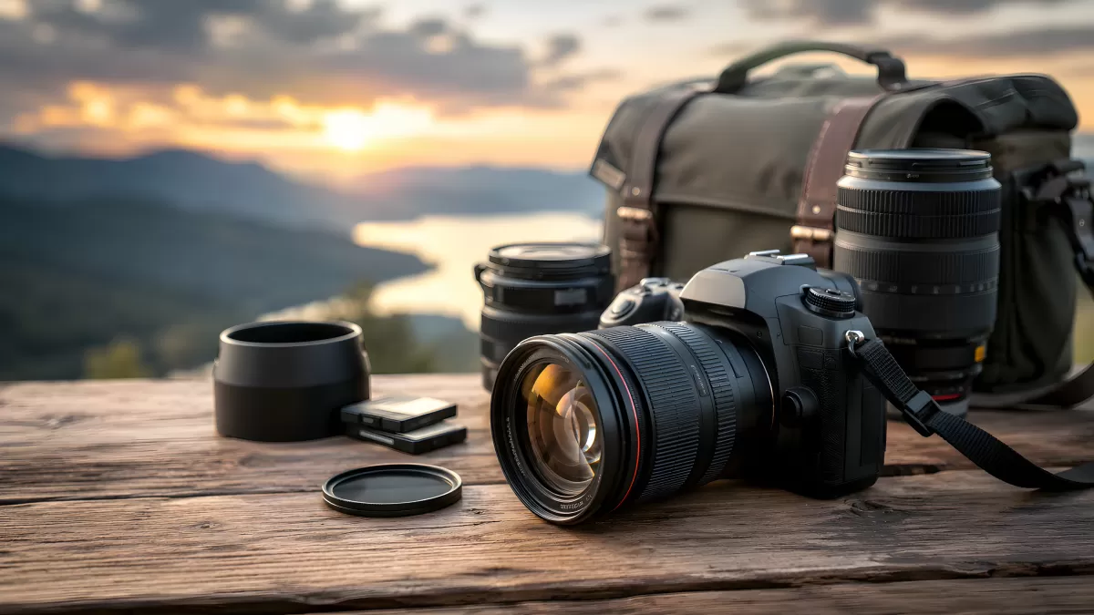Spiegelreflexkamera mit Objektiven bei Sonnenuntergang