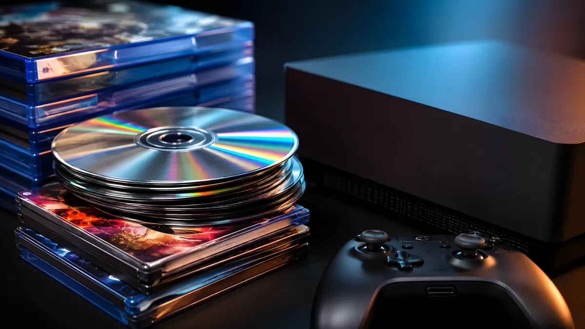 Spielekonsole mit Controller und Disc-Sammlung