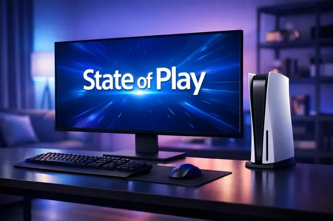 Spielekonsole und Computer-Setup mit State of Play Bildschirm