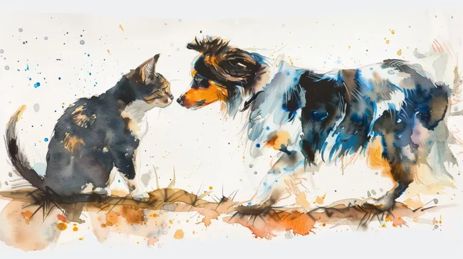 Spielende Haustiere - Australischer Schäferhund und Manx-Katze