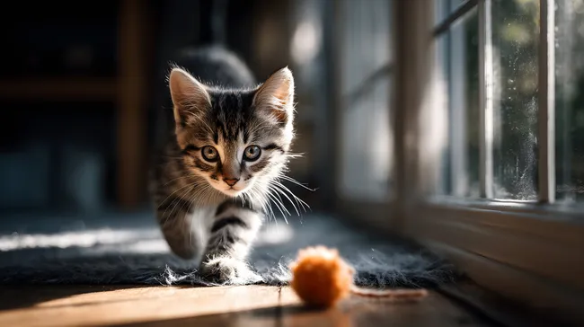 Spielende Kätzchen mit Wollball am Fenster