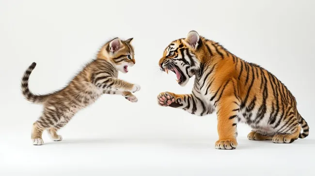 Spielende Katze und Tiger-Jungtier im freundlichen Duell kostenlos herunterladen