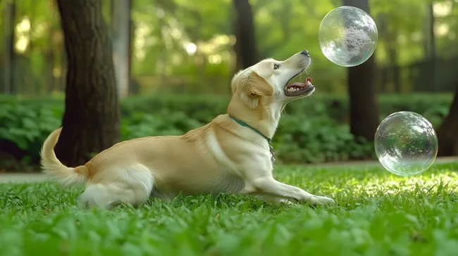 Spielender Labrador jagt Seifenblasen im Wald