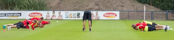 Spieler des 1. FC Köln machen Liegestütze