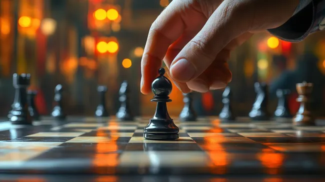 Spieler zieht Schachfigur auf strategischem Schachbrett