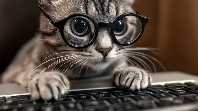 Spielerische Bürokatze mit Brille tippt auf Laptop-Tastatur
