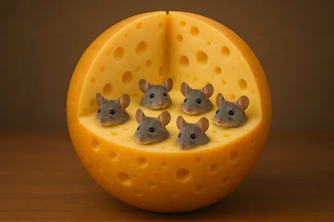 Spielerische Mäuse in geschnittener Käsekugel