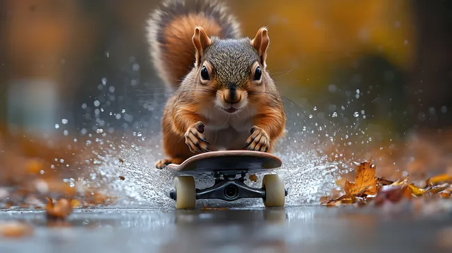 Spielerisches Eichhörnchen auf Skateboard in Herbstlandschaft