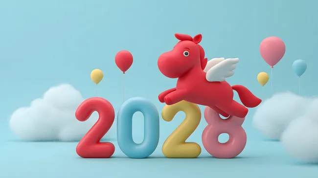 Spielerisches Neujahrs-Stockfoto mit niedlichem Cartoon-Pferd