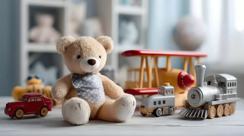 Spielzeug mit Teddybär und Holzfahrzeugen auf Holztisch