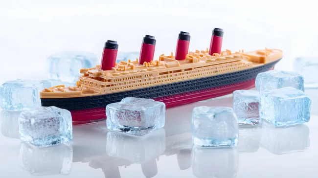 Spielzeug-Titanic umgeben von Eiswürfeln