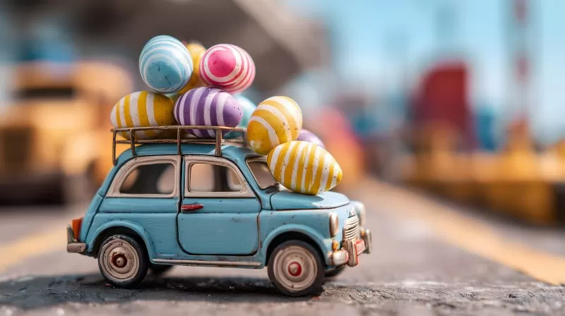 Spielzeugauto mit Ostereiern auf dem Dach im Freien