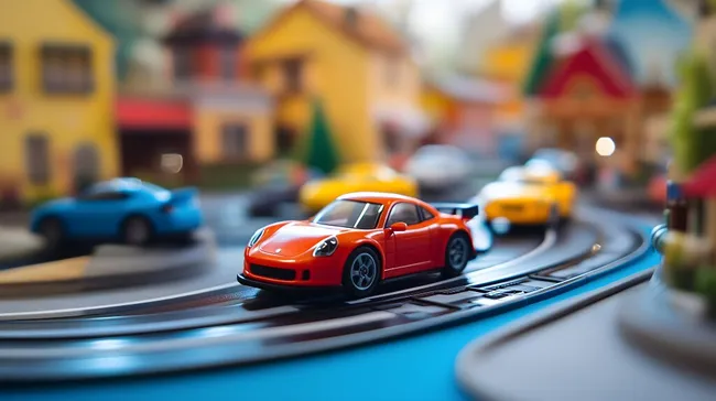 Spielzeugautos auf bunter Rennstrecke