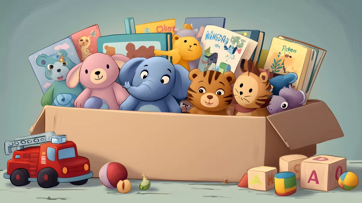 Spielzeugbox voller Kuscheltiere und Kinderbücher