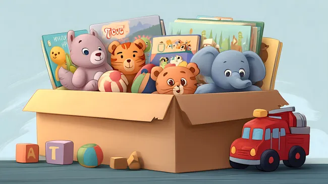 Spielzeugkiste voller bunter Plüschtiere und Kinderbücher