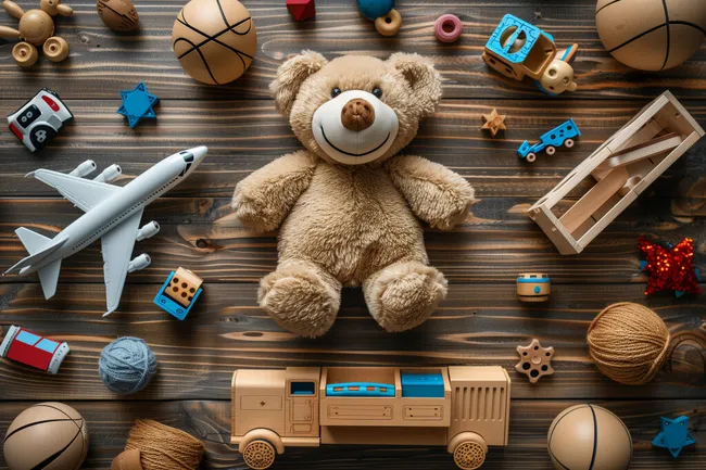 Spielzeuglandschaft auf hölzernem Hintergrund