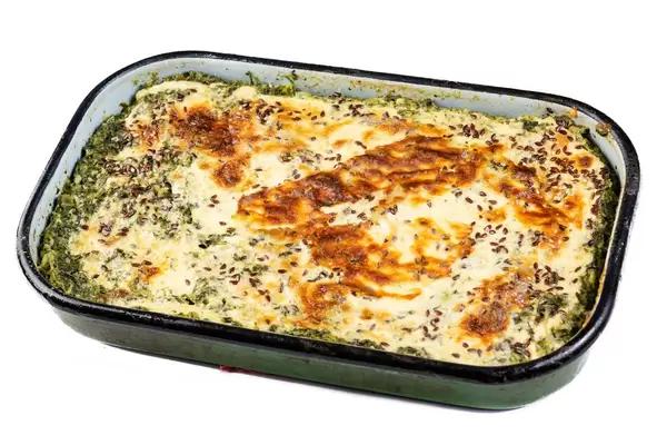 Spinach Pie with Potatoes in the metal tray (Flip 2019)