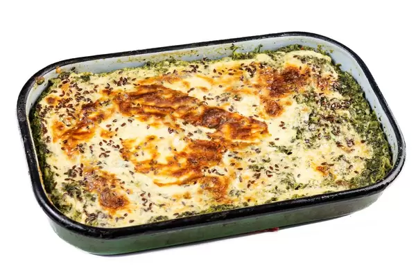 Spinach Pie with Potatoes in the metal tray