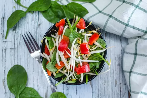 Spinach with Bean Sprout and Pepper in a Bowl  (Flip 2019) (Flip 2019)