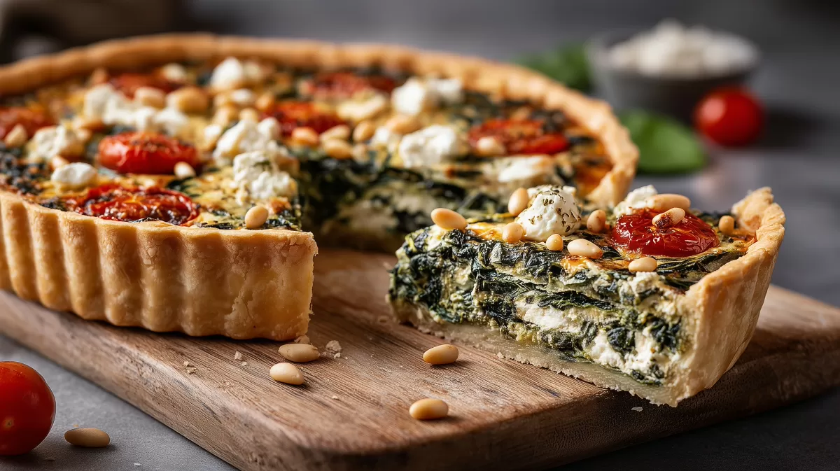 Spinat-Feta-Quiche mit Tomaten und Pinienkernen
