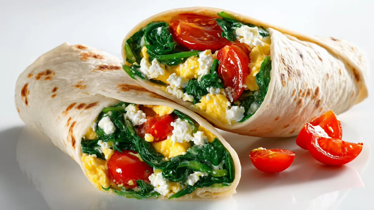 Spinat Feta Wrap mit Ei und Tomaten aufgeschnitten