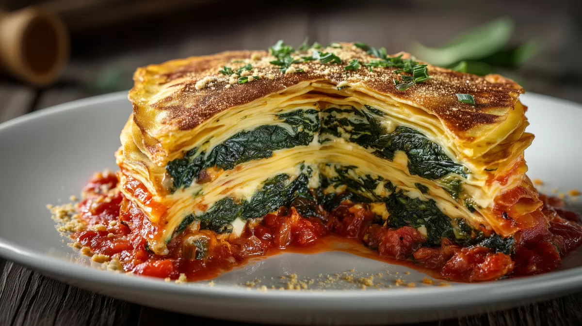 Spinat-Käse Pfannkuchen Torte auf Tomatensauce