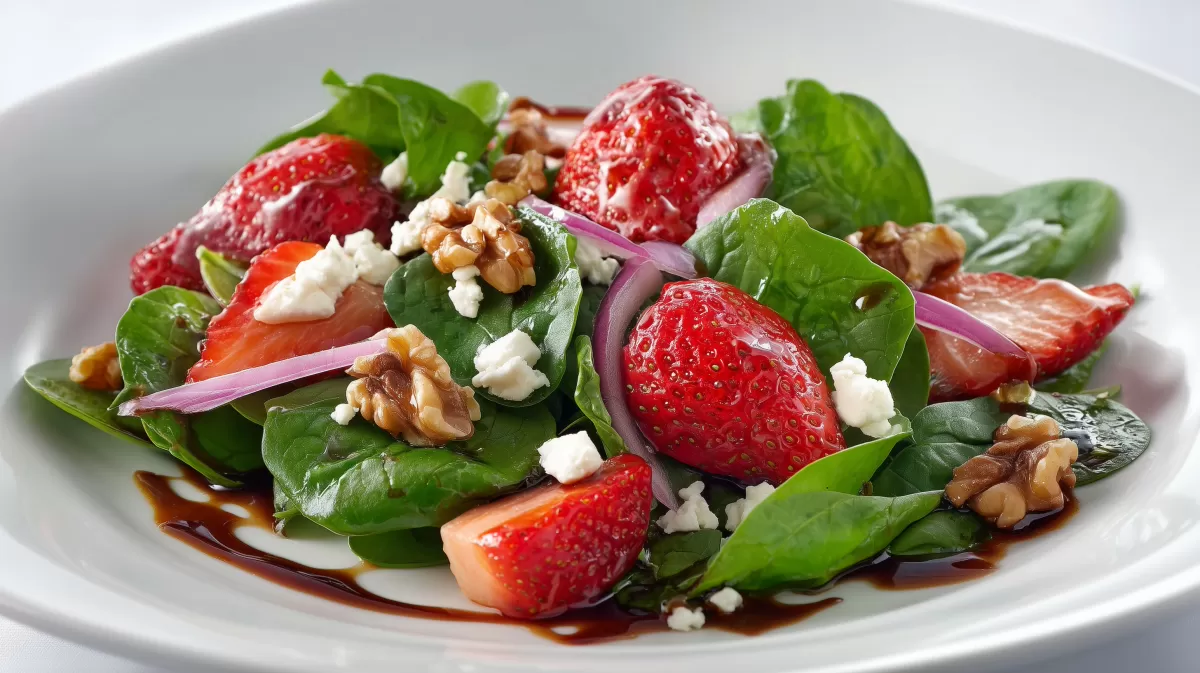 Spinatsalat mit Erdbeeren und Walnüssen im Teller