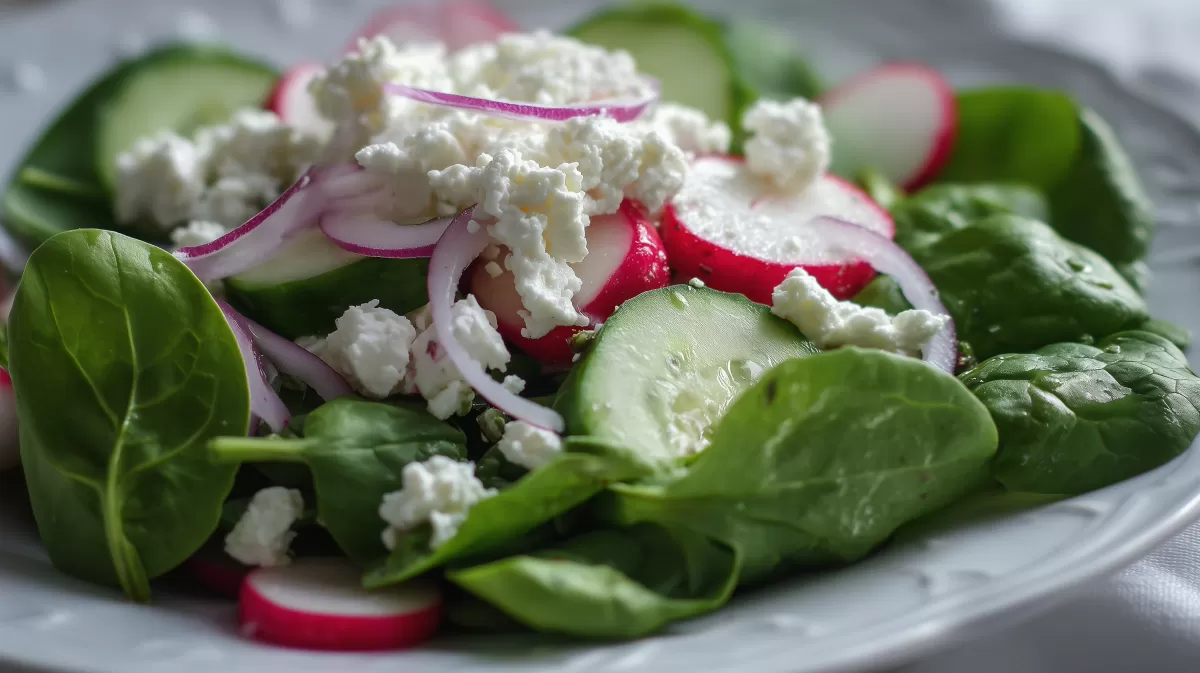 Spinatsalat mit Hüttenkäse, Radieschen und Gurke